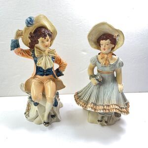 Vintage Chalk Ware Figurines Victorian Boy and Girl Hand Painted Back Stamped